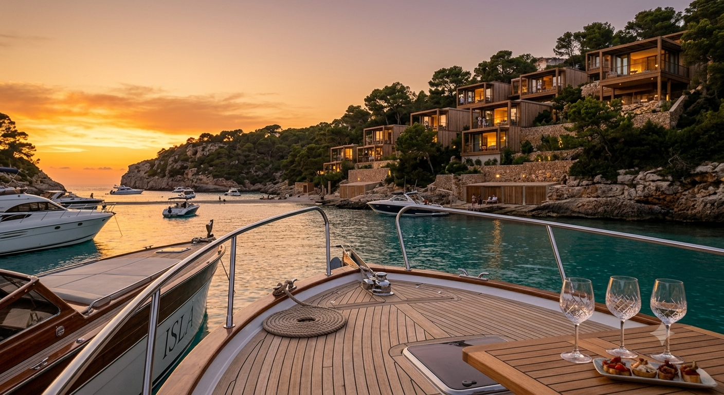 Coastal hillside accommodation and boats in a sheltered bay at sunset
