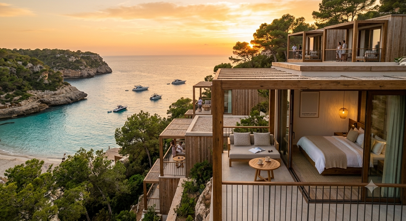 Clifftop coastal accommodation overlooking a sheltered bay at sunset
