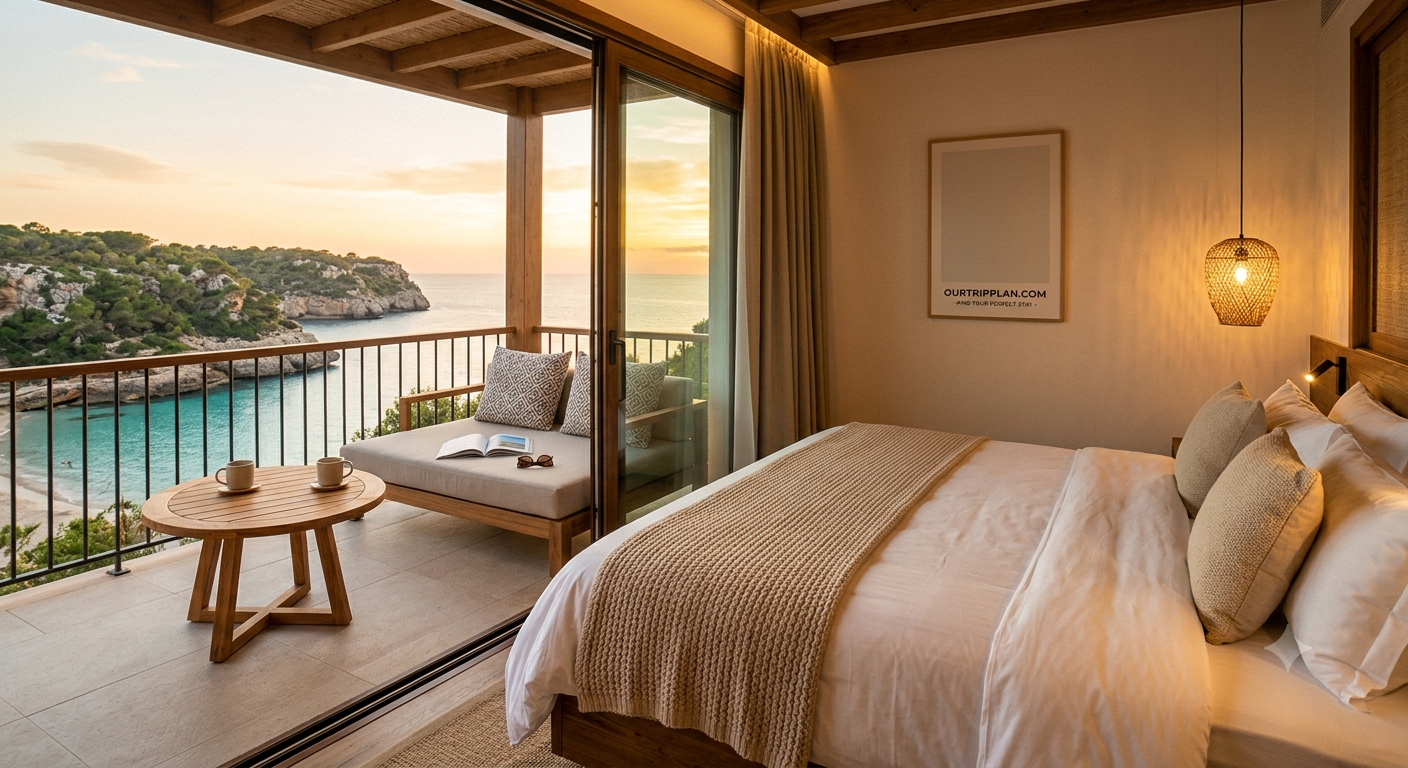 Warm guest room and balcony overlooking a coastal bay at sunset